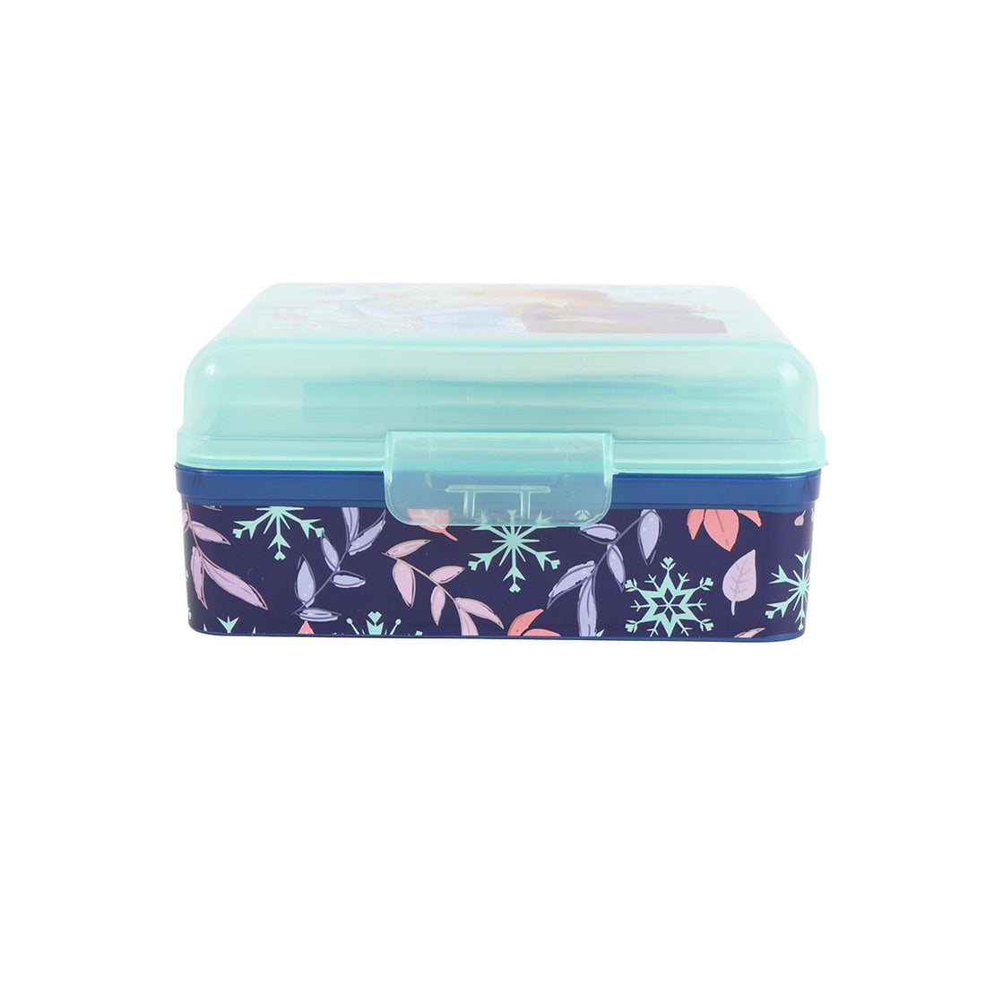 Square sandwich lunch box with translucent light blue lid and dark winter print