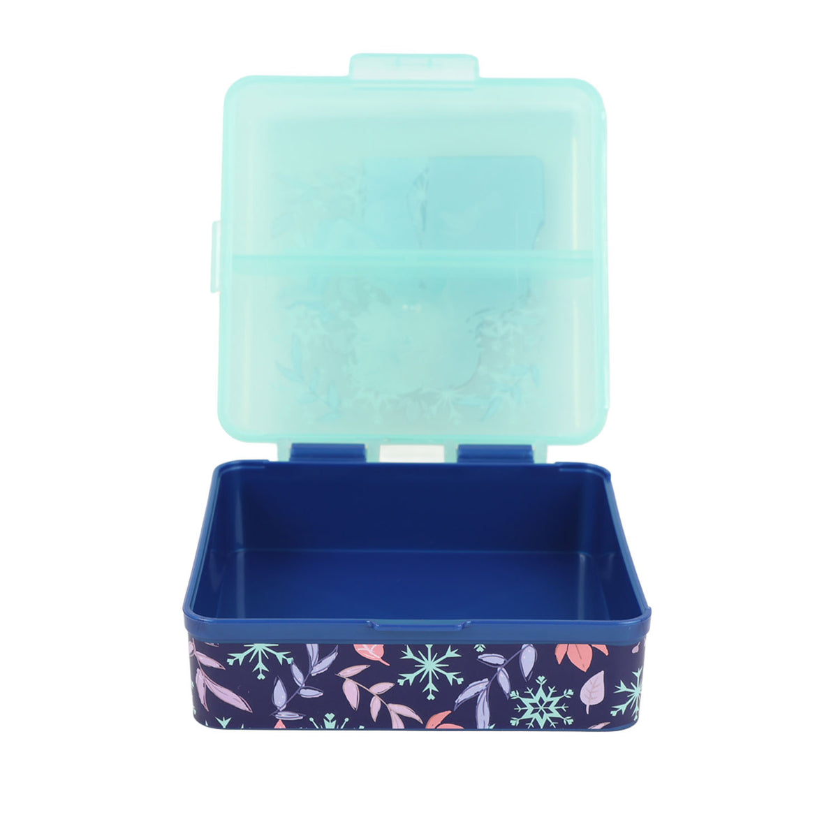 Square sandwich lunch box with lid open, dark blue base, winter foliage pattern