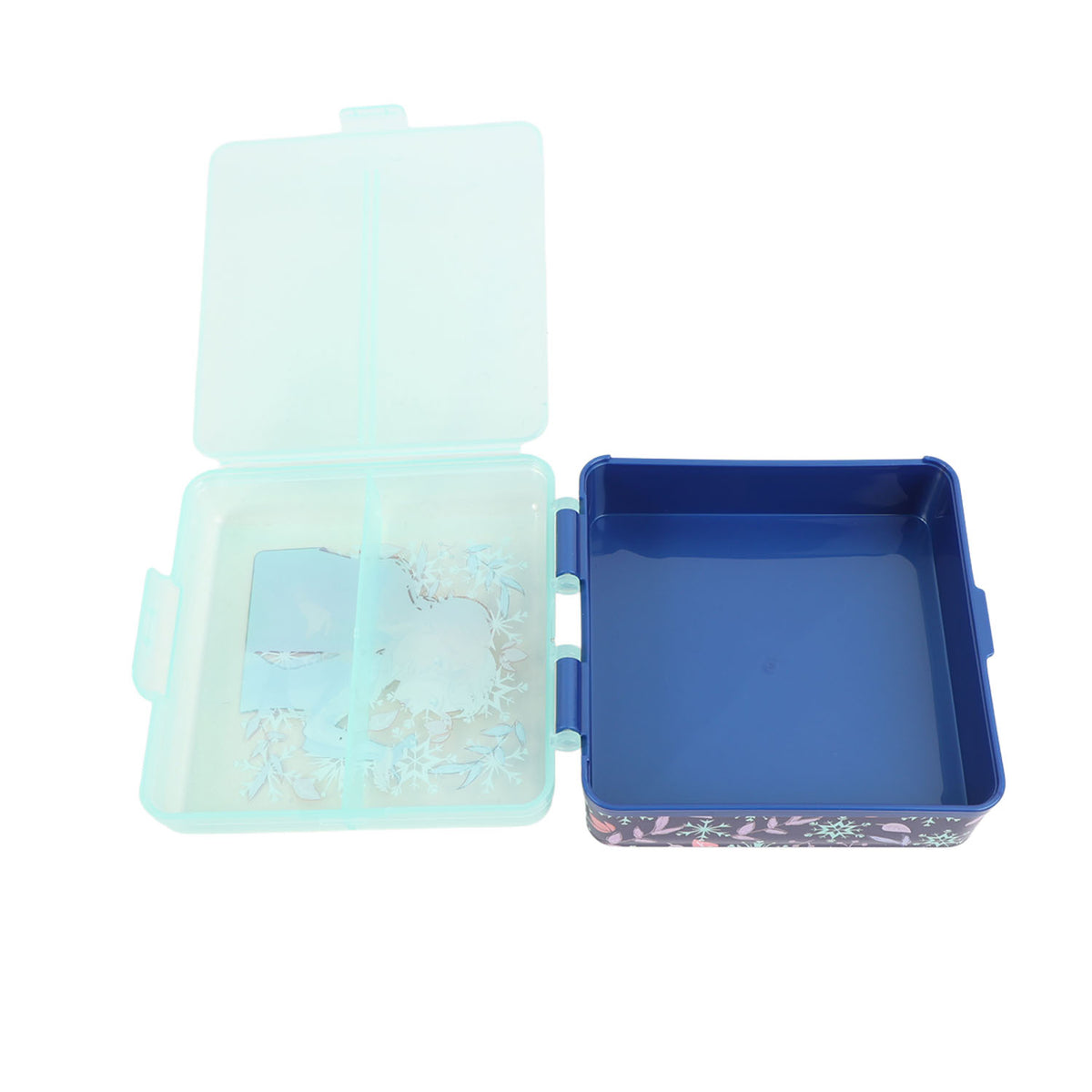 Square sandwich lunch box with lid open and inner divider trays, winter print
