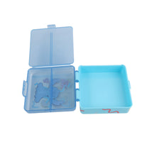 Blue compartment lunch box open, showing divider and matching blue interior tray.