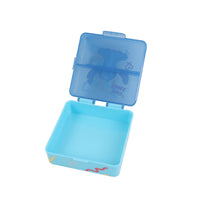 Blue square lunch box with lid open and light-blue base tray with printed accents.