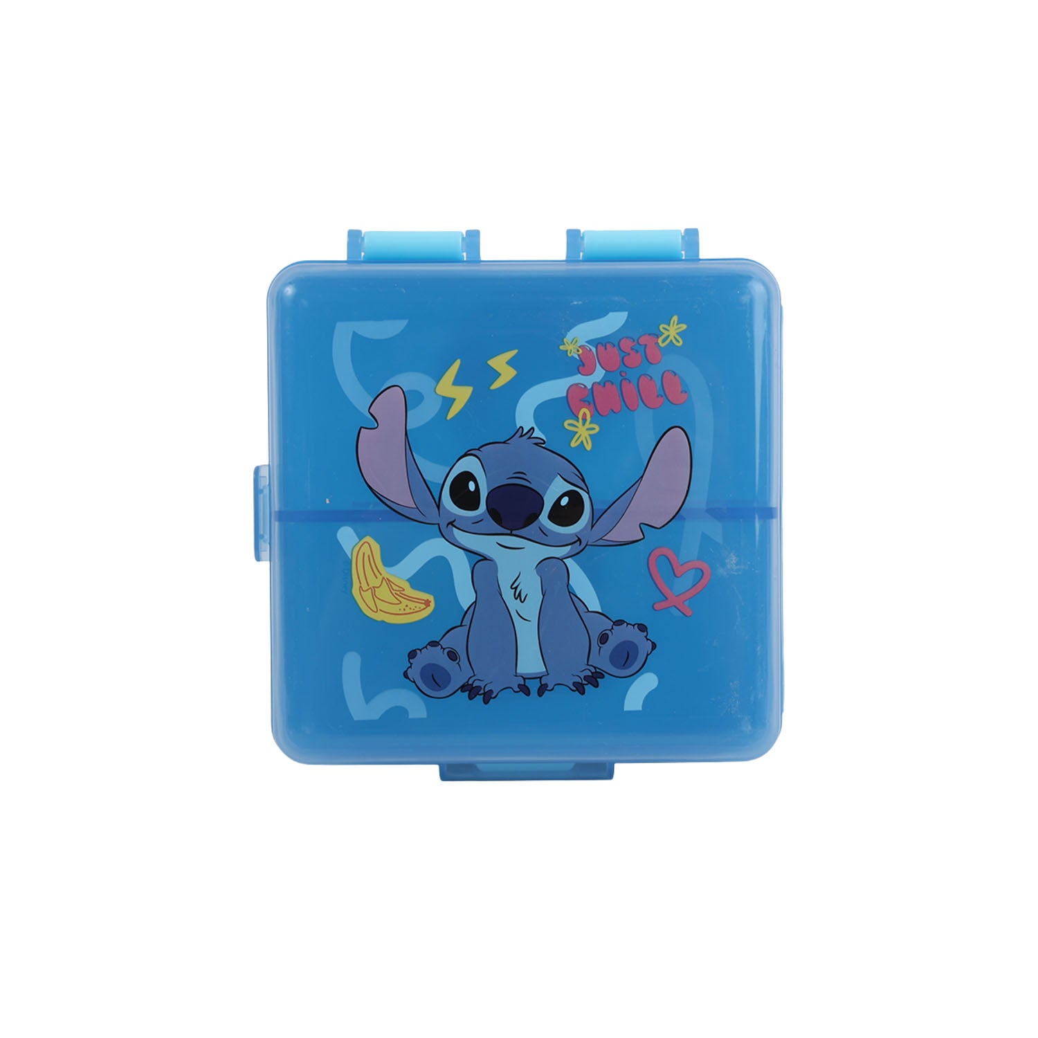 Blue square lunch box with Stitch-style character graphic on the front, snap lid.