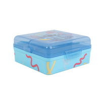 Blue square lunch box with clear-lid top and colorful animal print on the front.