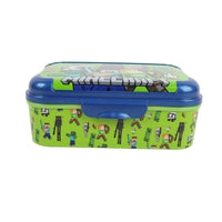 Green and blue lunch box with Minecraft-style block character pattern, rounded lid