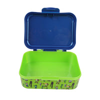 Open blue-lidded lunch box with bright green base and Minecraft character graphics