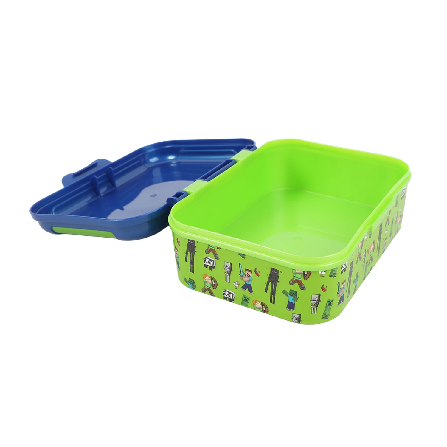 Two-piece lunch box set with green base, blue tray, and Minecraft-style prints