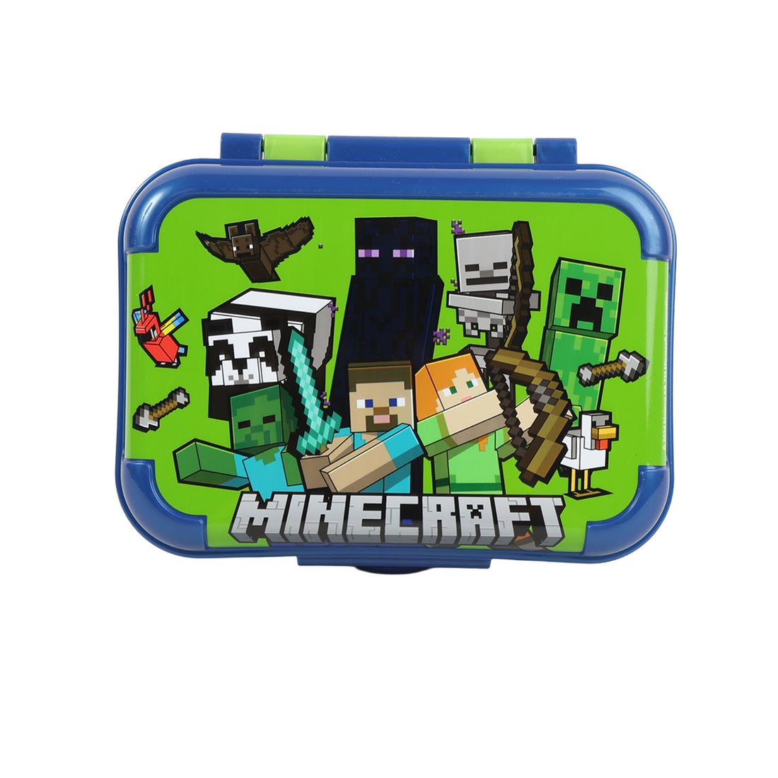 Closed blue-and-green lunch box with large Minecraft character artwork on front
