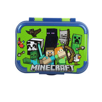Closed blue-and-green lunch box with large Minecraft character artwork on front