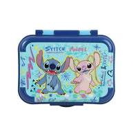 Blue character lunch box with Stitch & Angel graphic, hinged lid and snap closure
