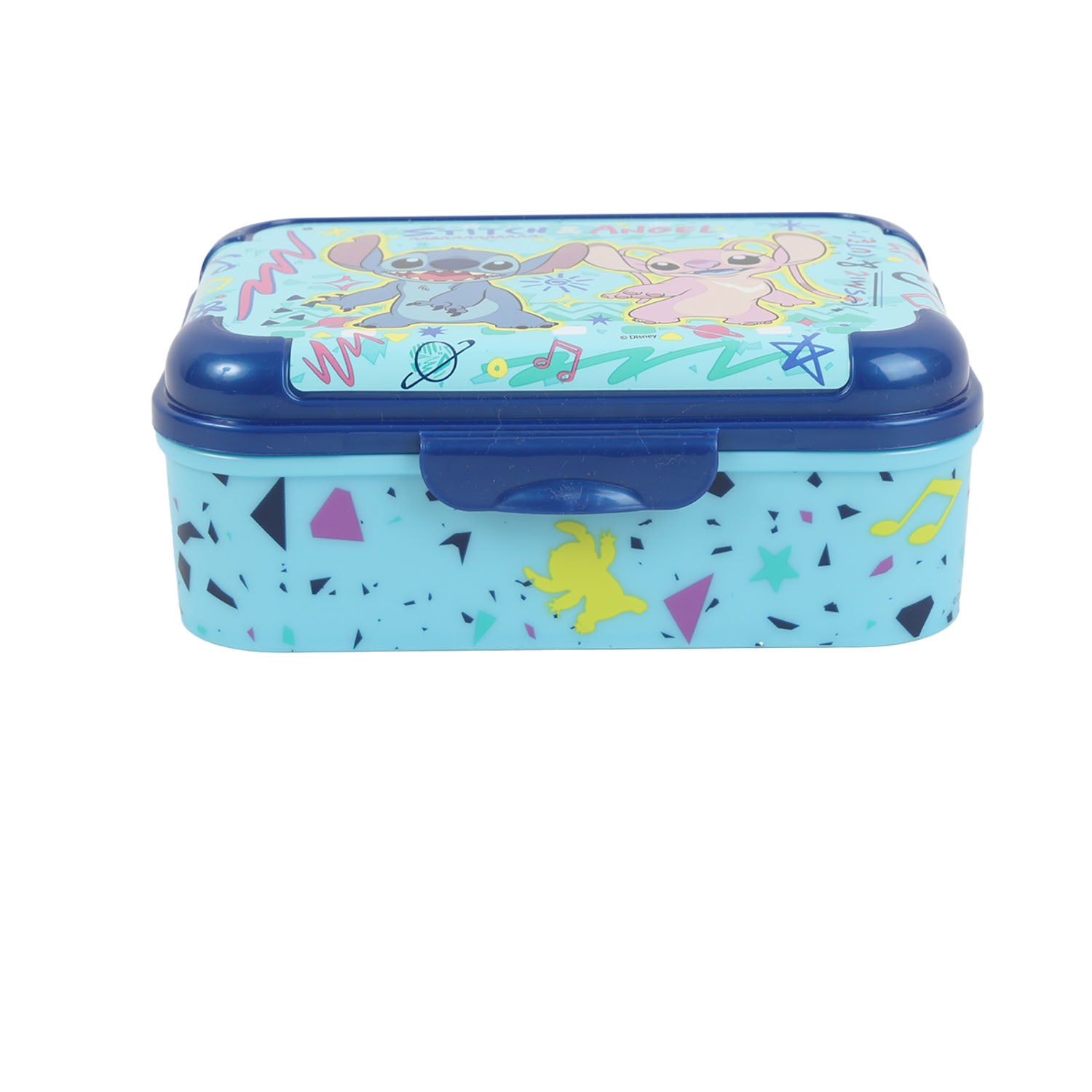 Blue lunch box with illustrated top and dark-blue side latch