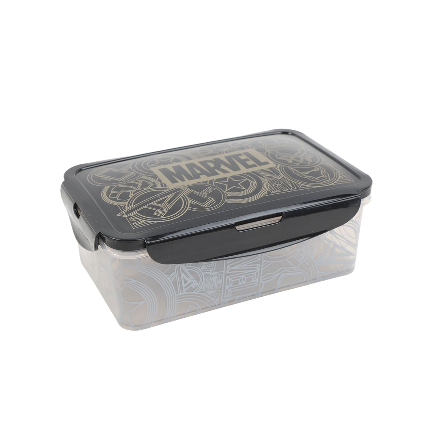 Rectangular 1190ml food container with clear body, black lid, gold MARVEL print