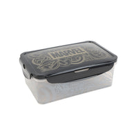 Rectangular 1190ml food container with clear body, black lid, gold MARVEL print