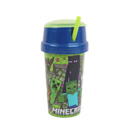 Blue plastic tumbler with green straw, Minecraft-style character print, flip lid