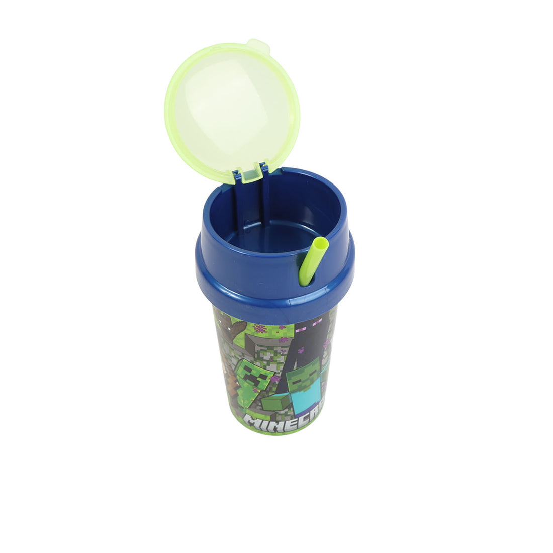 Blue plastic tumbler with open lime lid and green straw, Minecraft-style graphic