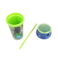 Blue plastic tumbler with green straw, lime lid, and Minecraft-style print front
