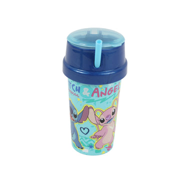 Dark-blue topped tumbler with light-blue straw and angel-themed Stitch graphic