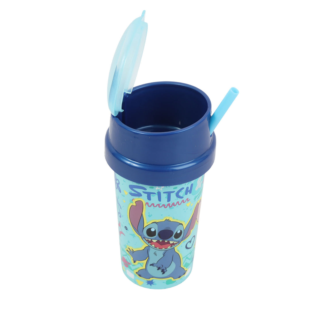 Blue 465 ml plastic tumbler with lid and light-blue straw, Stitch cartoon print