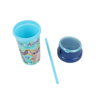 Stitch print tumbler with lid, light-blue straw, and empty cup interior visible