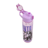 1075 ml lock-top bottle with open purple flip lid and straw, printed NTP demon hunters design