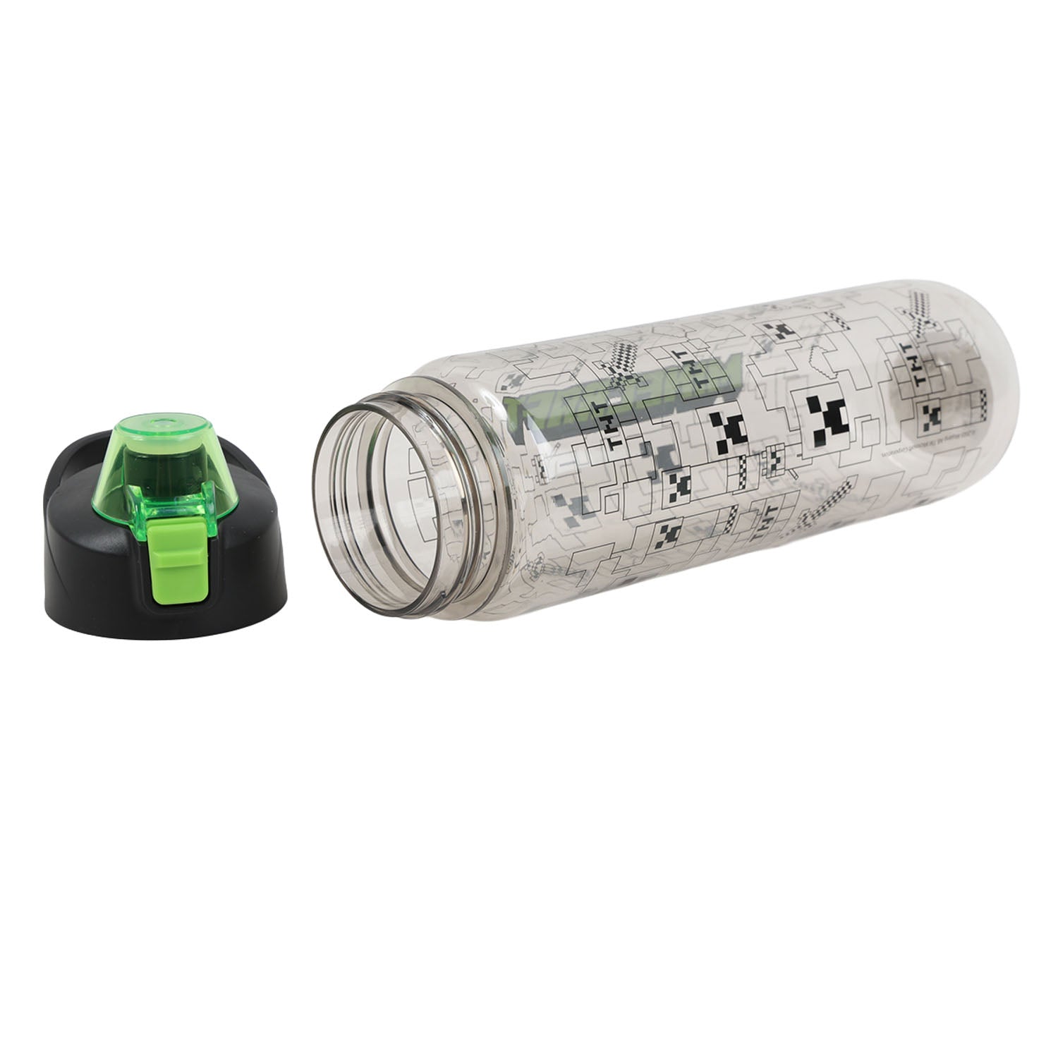 Lock-top water bottle with pixel graphic and green flip spout, clear body