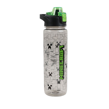 Lock-top water bottle with vertical pixel art and green carry spout, clear body