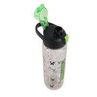 Lock-top water bottle with green flip nozzle and black handle, pixel print