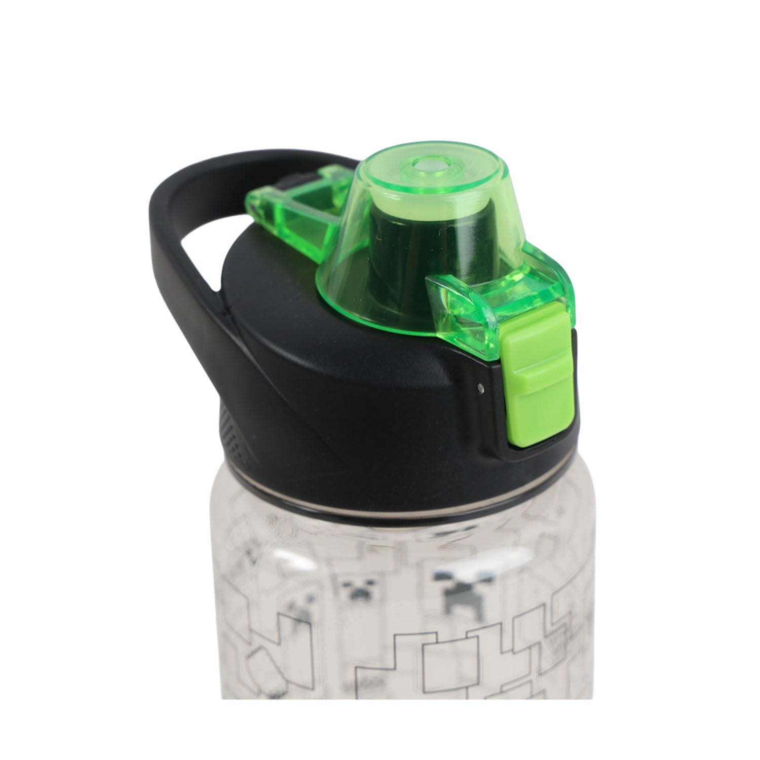 Lock-top spout detail on pixel water bottle with green cap and latch