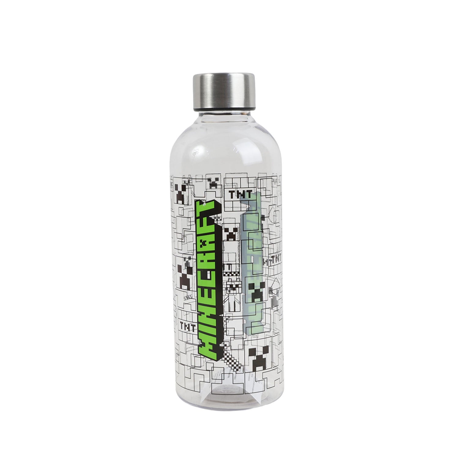Minecraft pixel graphic hydro bottle, clear plastic with green logo and stainless cap