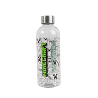 Minecraft pixel graphic hydro bottle, clear plastic with green logo and stainless cap