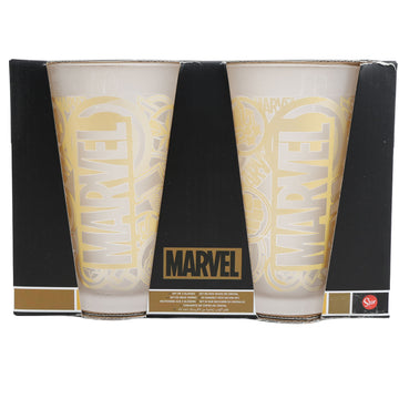 Marvel glass tumbler set in retail box, two clear cups with pale yellow logo