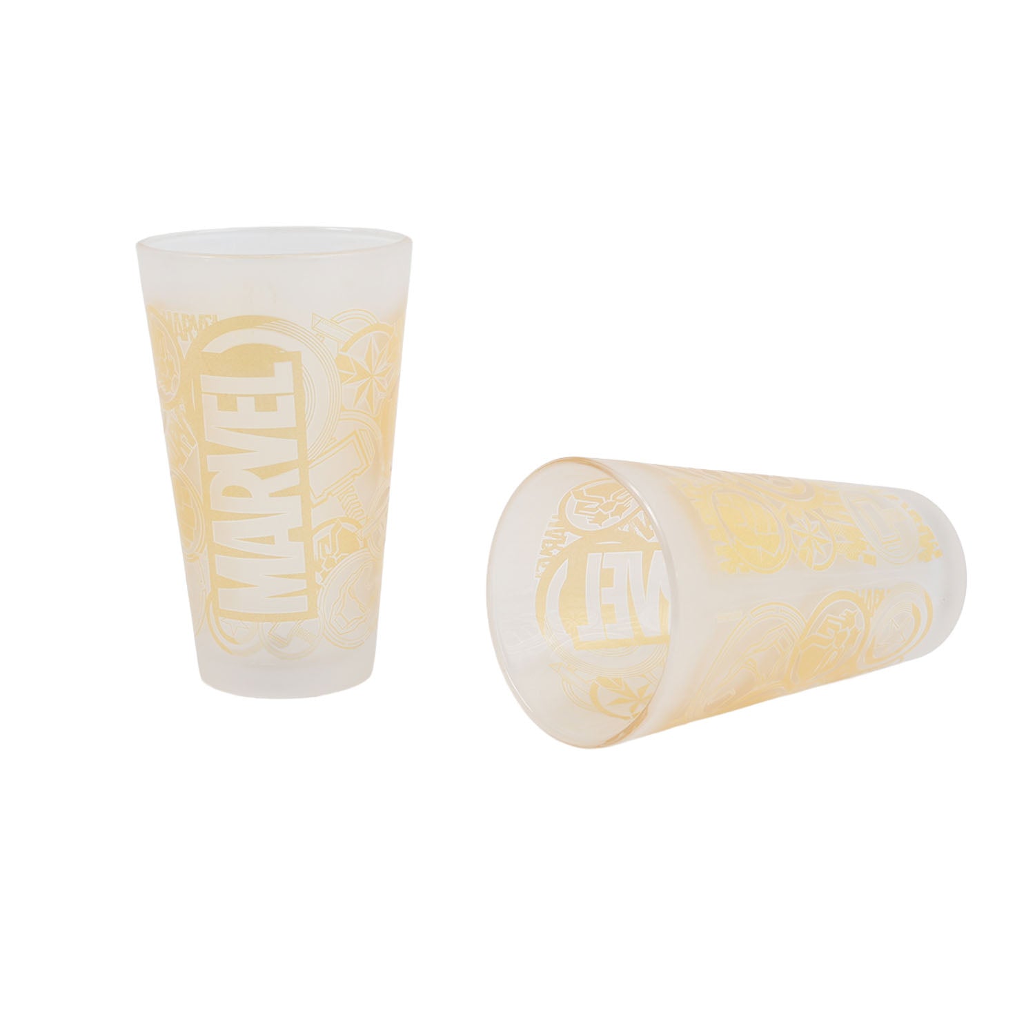 Two-piece Marvel glass tumbler set, clear cups with pale yellow 'MARVEL' print