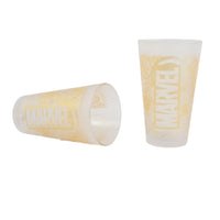 Marvel glass tumbler with pale yellow side print, cylindrical clear glass, 480 ml