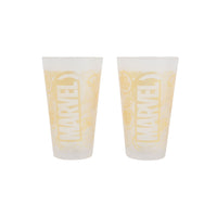 Pair of clear Marvel glass tumblers with pale yellow 'MARVEL' logo print