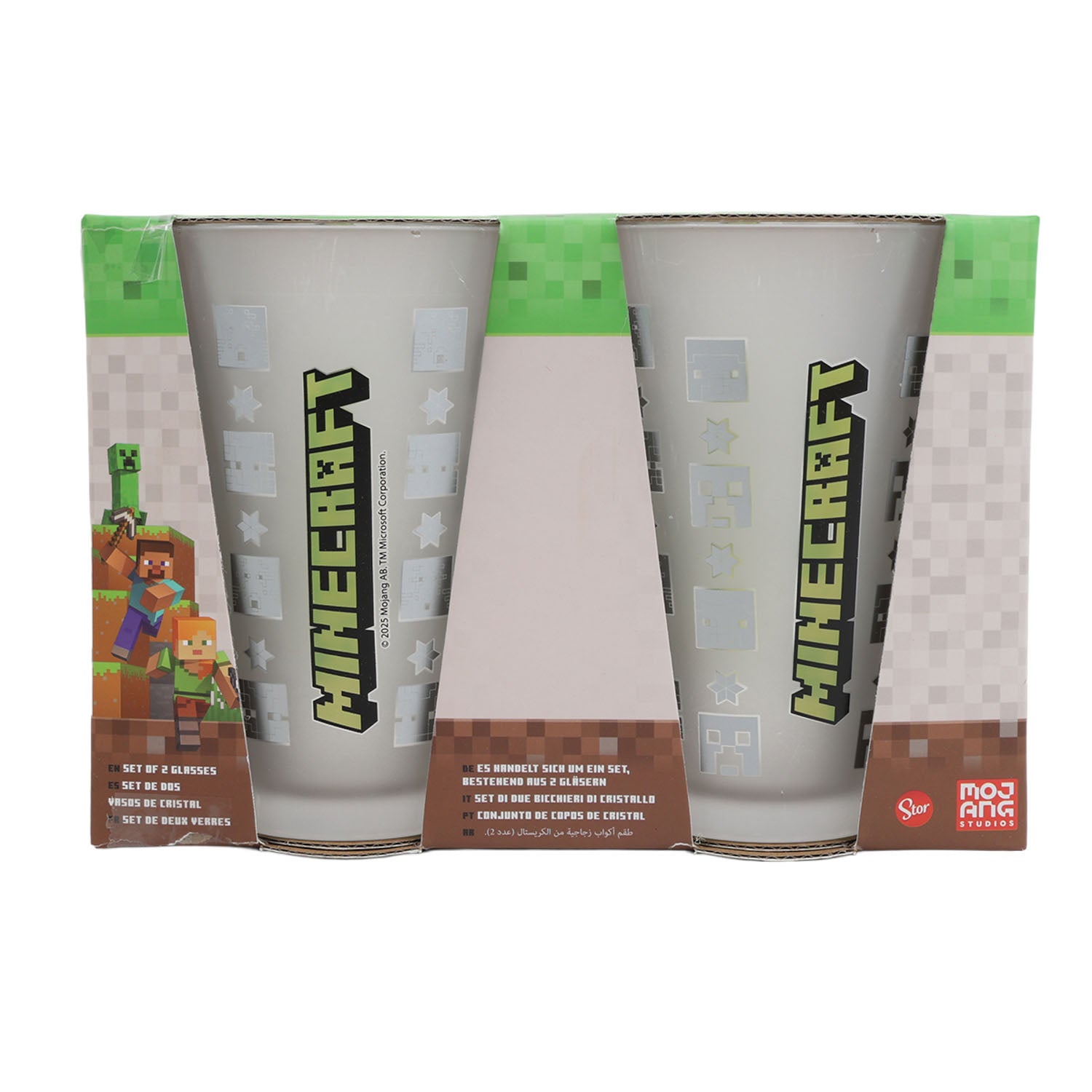 Boxed Minecraft glass tumbler set showing two frosted cups with green logo