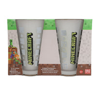 Boxed Minecraft glass tumbler set showing two frosted cups with green logo