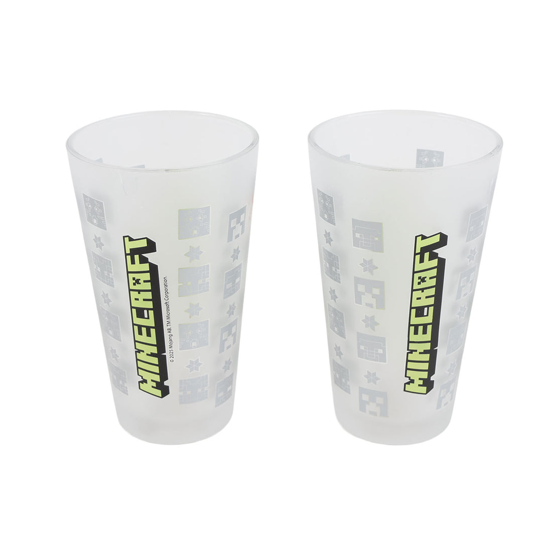 Two frosted glass tumblers with green Minecraft logo and gray pixel icons