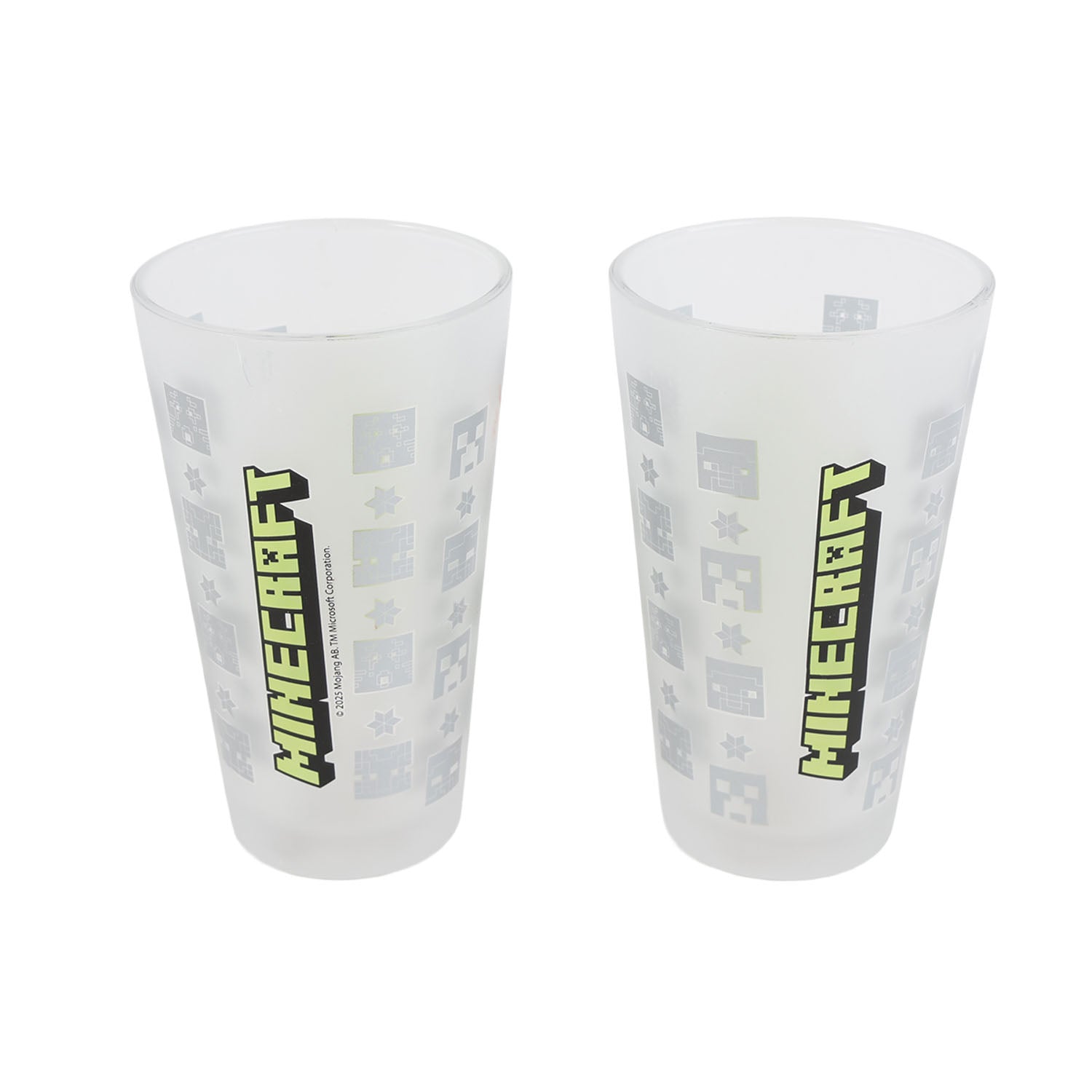 Two frosted glass tumblers with green Minecraft logo and gray pixel icons
