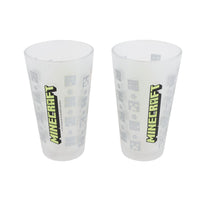 Two frosted glass tumblers with green Minecraft logo and gray pixel icons