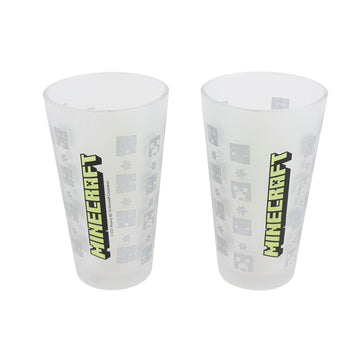 Two frosted glass tumblers with green Minecraft logo and gray pixel icons