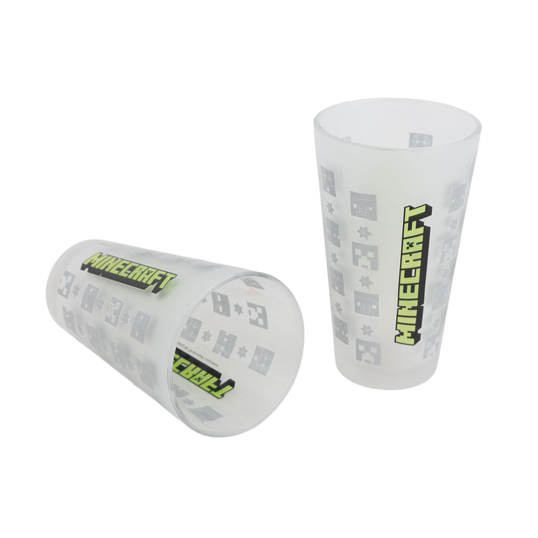 Pair of frosted glass tumblers, green Minecraft logo and pixel icons