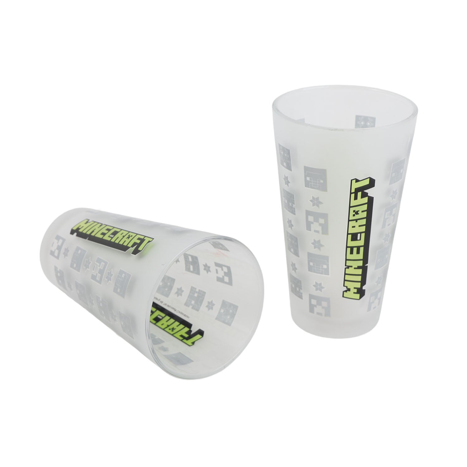 Pair of frosted glass tumblers, green Minecraft logo and pixel icons