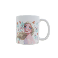 White 11oz ceramic mug with snowy character face print and curved side handle