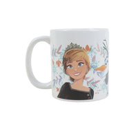 White 11oz ceramic mug with crowned character portrait and curved side handle