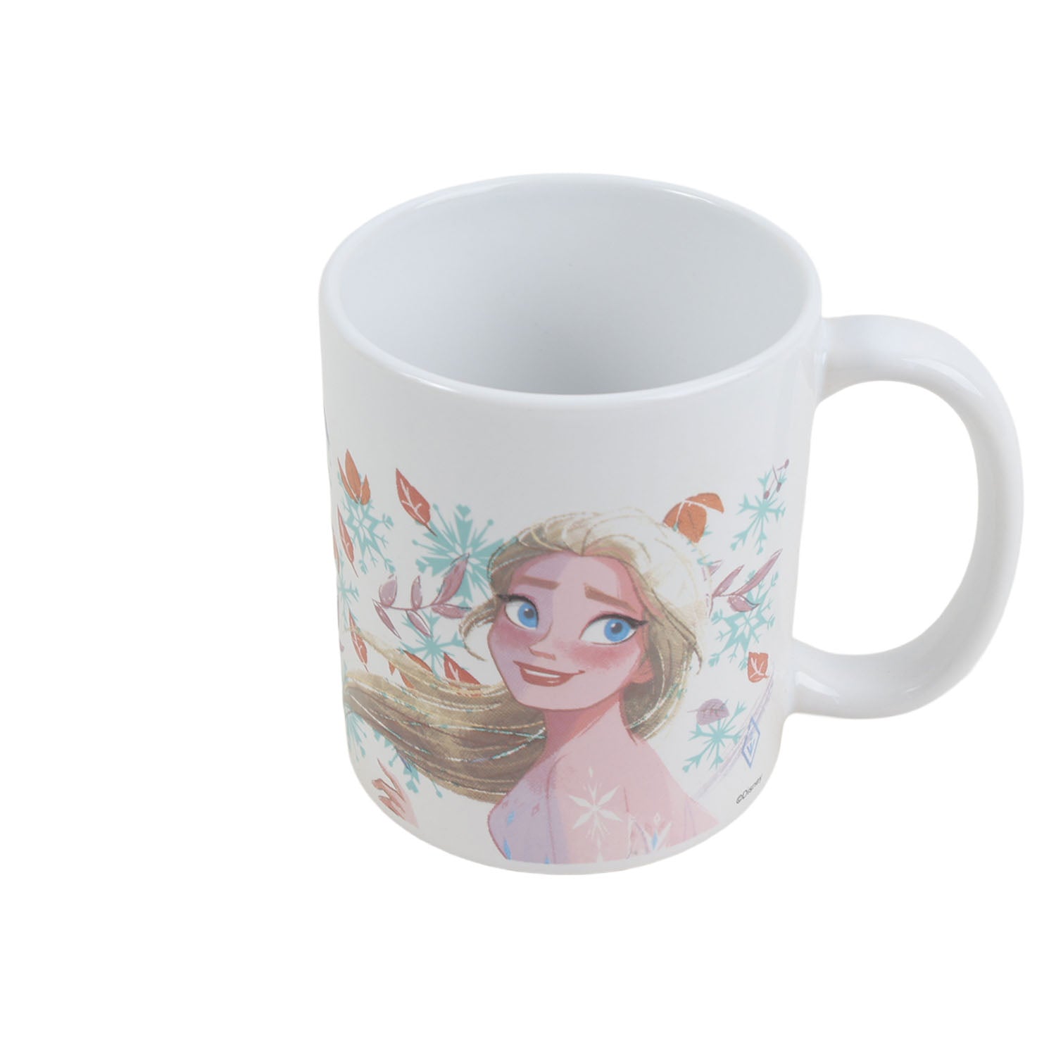 White 11oz ceramic mug with snowy character graphic and curved side handle