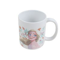 White 11oz ceramic mug with snowy character graphic and curved side handle