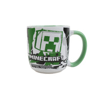 13oz ceramic mug with green handle and pixel creeper graphic, MINECRAFT logo