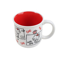 White Hello Kitty mug filled with red beverage, with cat and bow graphic wrap