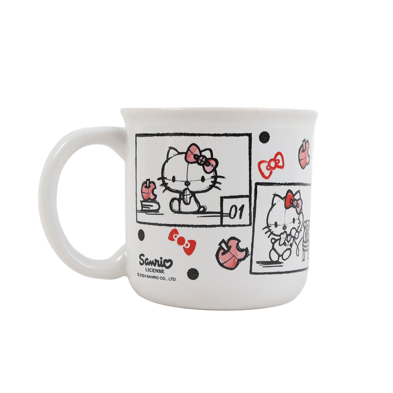 White Hello Kitty breakfast mug with bows, hearts, and panel prints in red