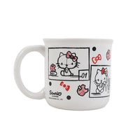 White Hello Kitty breakfast mug with bows, hearts, and panel prints in red