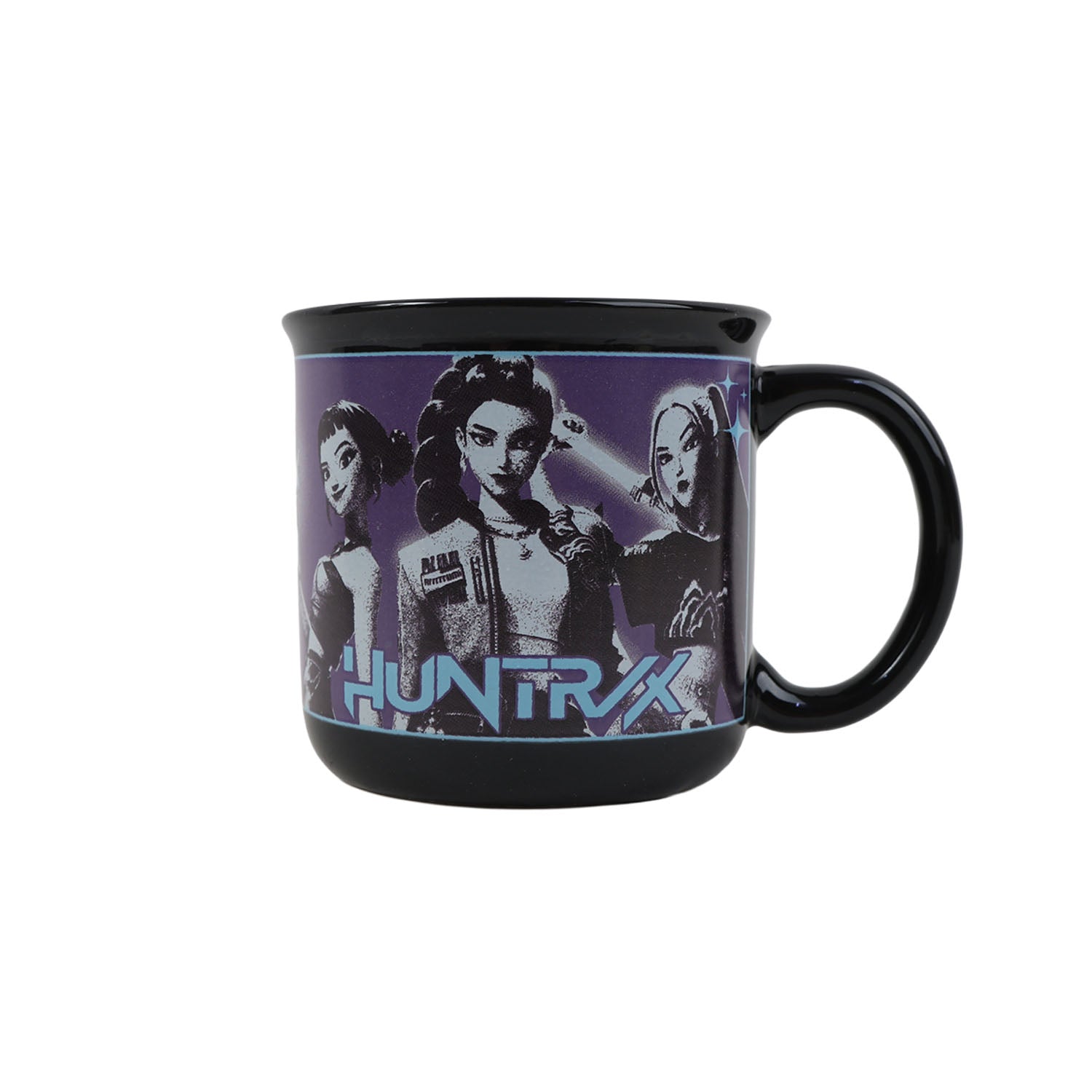 Black 14oz ceramic mug with character graphic and right-side handle